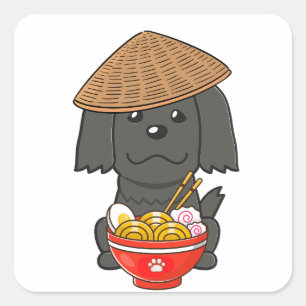 Funny black dog is eating noodles square sticker