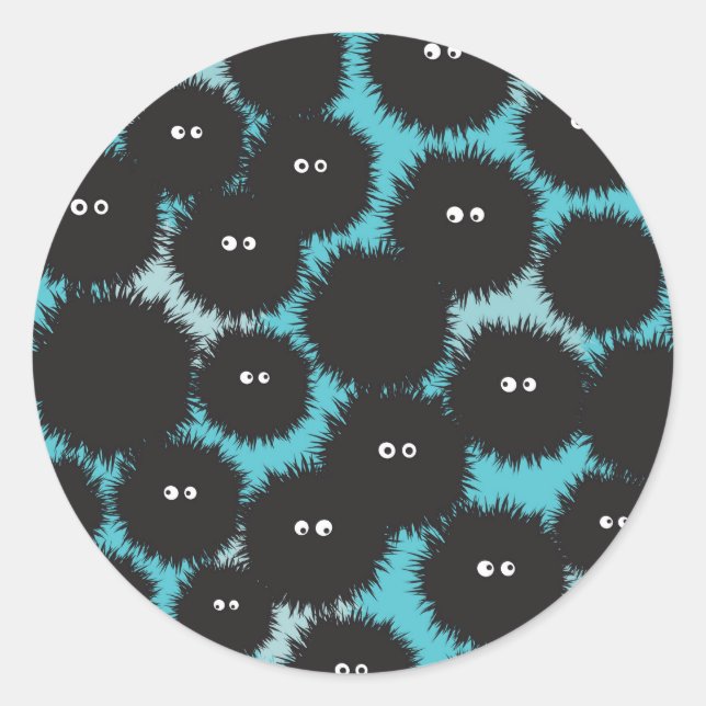 Funny black fluffy monsters  classic round sticker (Front)