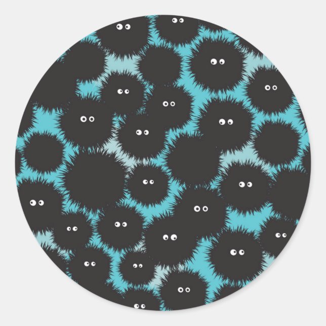 Funny black fluffy monsters  classic round sticker (Front)