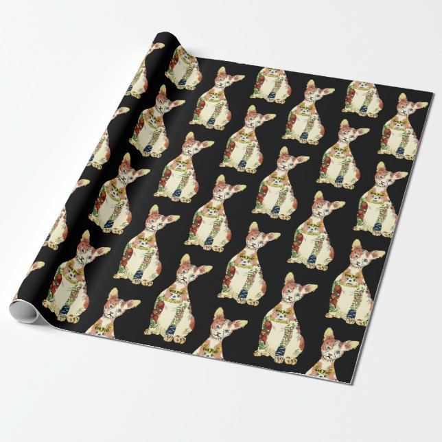 Funny Black Gangster Sphynx Cat Cartoon Pattern Wrapping Paper (Unrolled)