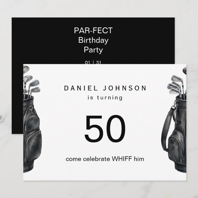 Funny Black Golf Birthday Party Invitation (Front/Back)