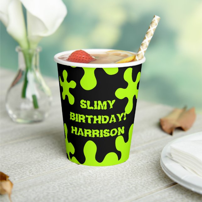 Funny black green slime custom name birthday paper cups (Insitu)