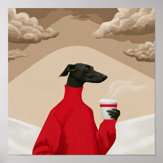 Funny Black Greyhound in Red Sweater Coffee Art Poster (Front)