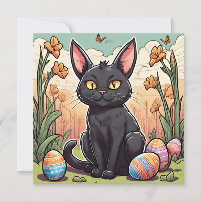 Funny Black Kitten and Easter Egg Hunt  Holiday Card (Front)