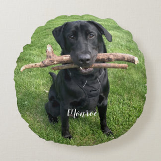 Funny Black Lab Pet Personalised Name and Photo  Round Cushion