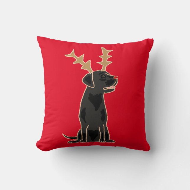 Funny Black Lab with Reindeer Antlers Christmas Cushion (Front)