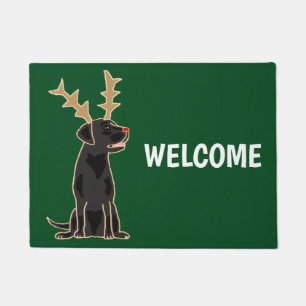 Funny Black Lab with Reindeer Antlers Christmas Doormat