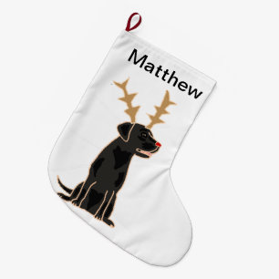 Funny Black Lab with Reindeer Antlers Christmas Large Christmas Stocking