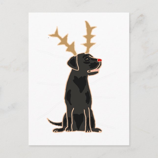 Funny Black Lab with Reindeer Antlers Christmas Postcard (Front)