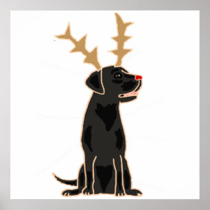 Funny Black Lab with Reindeer Antlers Christmas Poster