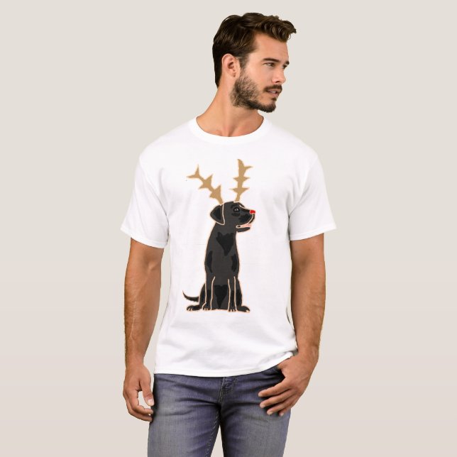 Funny Black Lab with Reindeer Antlers Christmas T-Shirt (Front Full)