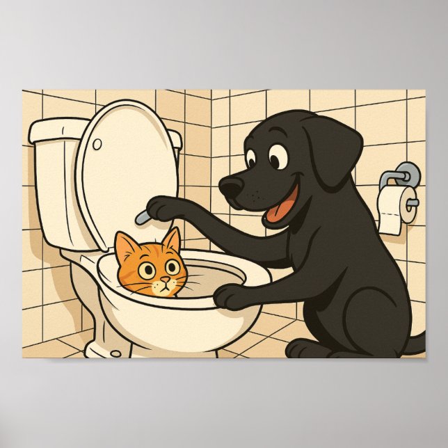 Funny Black Labrador and Cat Bathroom Art  Poster (Front)