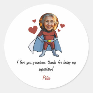 Funny Black & Maroon Cartoon Superhero Grandma Classic Round Sticker
