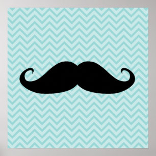 Funny Black Moustache And Blue Chevron Pattern Poster