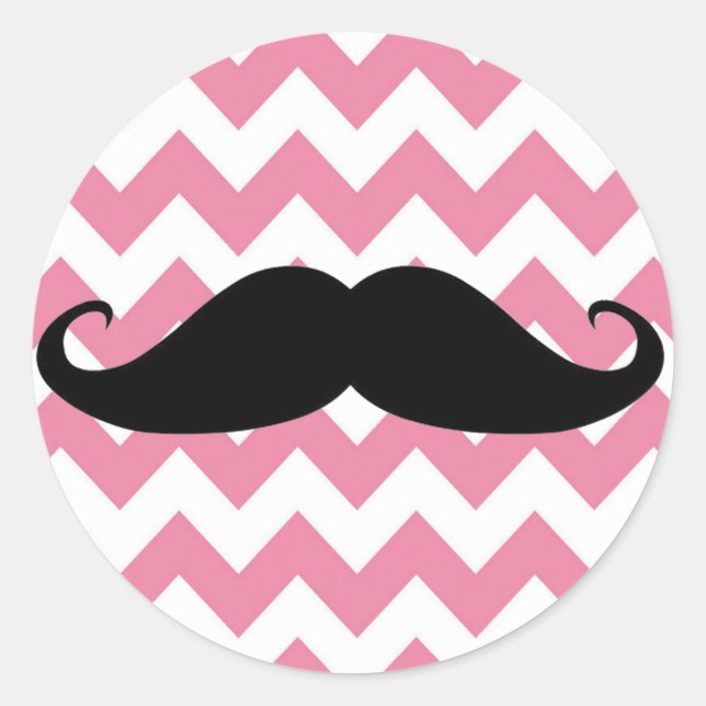 Funny Black Moustache And Pink Chevron Pattern Classic Round Sticker (Front)