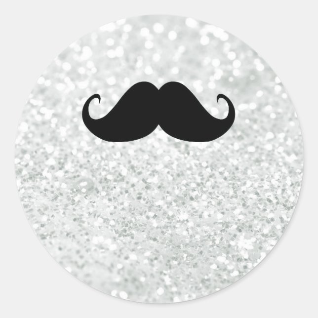 Funny Black Moustache And White Sparkle Bling Classic Round Sticker (Front)