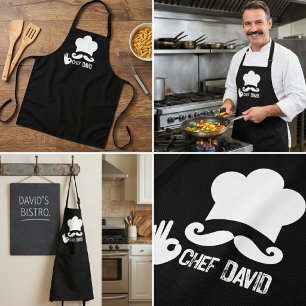 Funny Black Moustache Chef Name Apron
