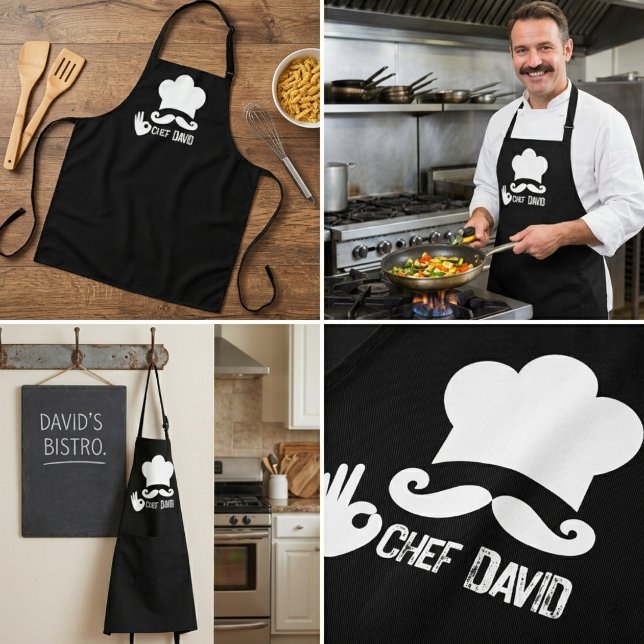 Funny Black Moustache Chef Name Apron (chef aprons unique cooking housewarming funny birthday holiday modern script bbq fathers day gift)