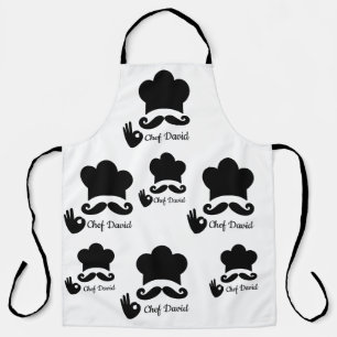 Funny Black Moustache Custom Text Chef Hat Pattern Apron