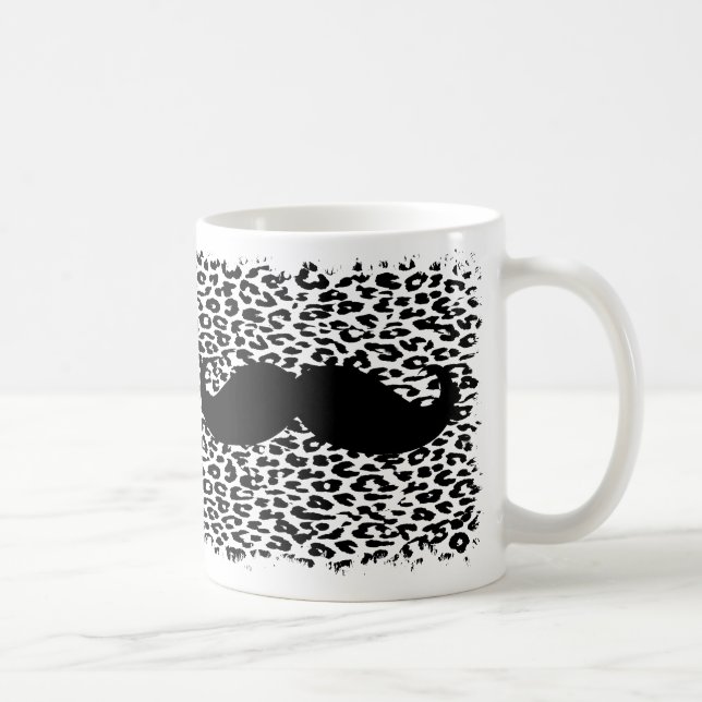 Funny black moustache on leopard print coffee mug (Right)
