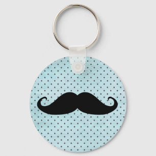 Funny Black Moustache On Teal Blue Polka Dots Key Ring