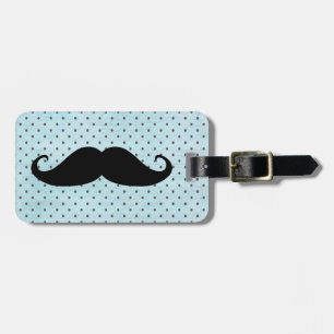 Funny Black Moustache On Teal Blue Polka Dots Luggage Tag