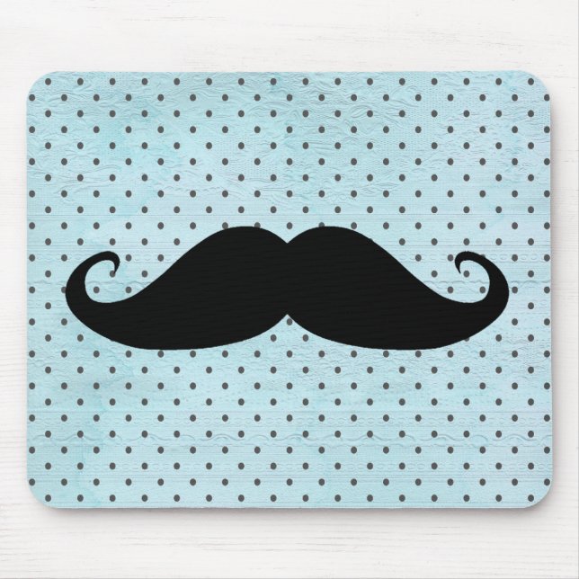 Funny Black Moustache On Teal Blue Polka Dots Mouse Pad (Front)