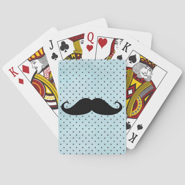 Funny Black Moustache On Teal Blue Polka Dots Playing Cards (Back)
