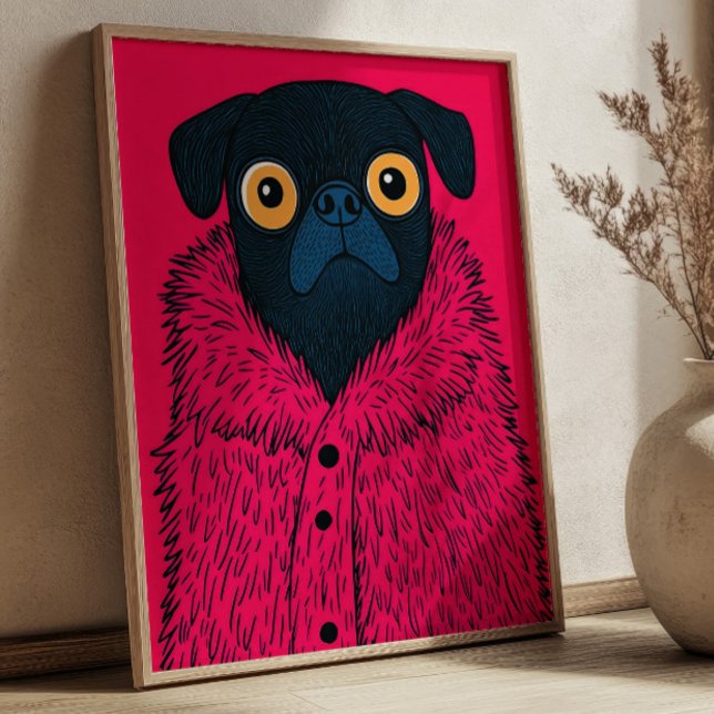 Funny Black Pug in Pink Fur Animal Fashion Art Poster (Creator Uploaded)