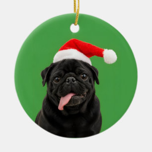 Funny Black Pug Santa Hat Tongue Out Christmas Ceramic Ornament