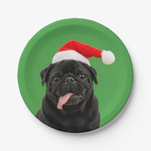 Funny Black Pug Santa Hat Tongue Out Christmas Paper Plate