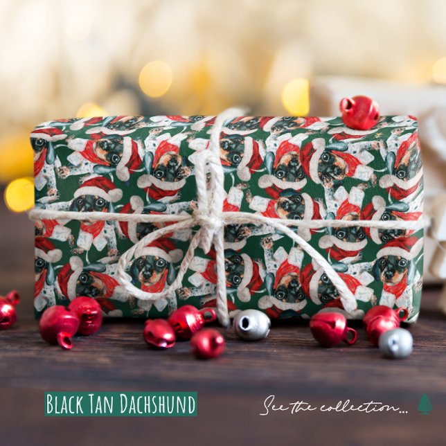 Funny Black Tan Dachshund Puppy Christmas Pattern Wrapping Paper (Creator Uploaded)
