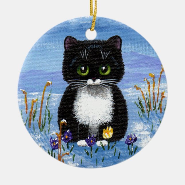 Funny Black Tuxedo Cat Winter Snow Creationarts Ceramic Ornament (Front)