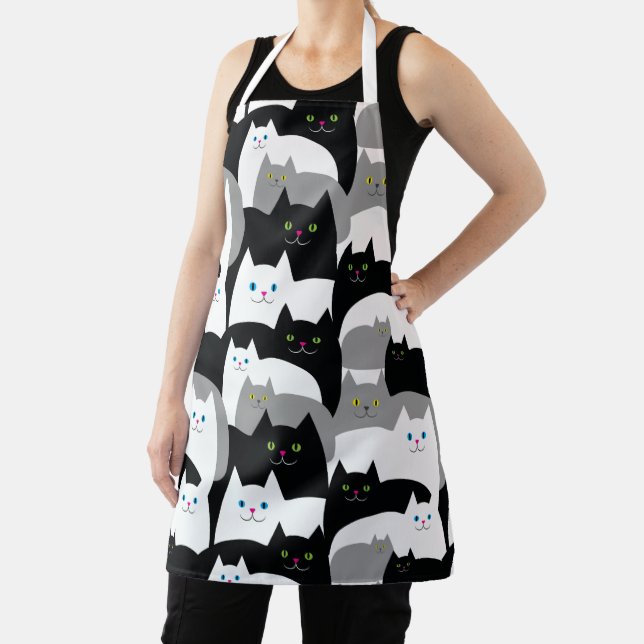 Funny Black White and Gray Smiling Cats Pattern Apron (Insitu)