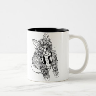 Funny Black & White Cat in Headphones illustration Two-Tone Coffee Mug