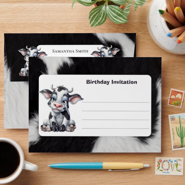 FUNNY Black White Cute Cow birthday Envelope (Desk)