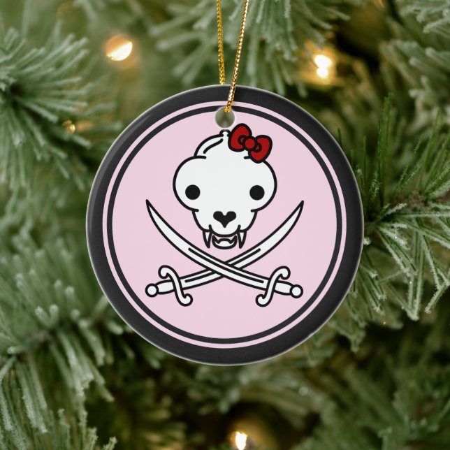 Funny Black White Jolly Kitty Pirate Skull Bones Ceramic Ornament (Tree)
