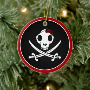 Funny Black White Jolly Kitty Pirate Skull Bones Ceramic Ornament