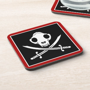 Funny Black White Jolly Kitty Pirate Skull Bones Coaster