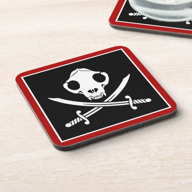 Funny Black White Jolly Kitty Pirate Skull Bones Coaster (Left Side)