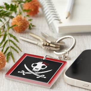 Funny Black White Jolly Kitty Pirate Skull Bones Key Ring