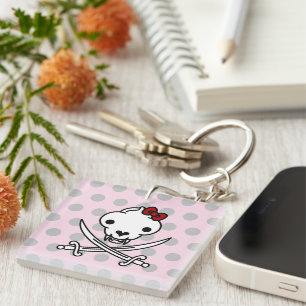 Funny Black White Jolly Kitty Pirate Skull Bones Key Ring