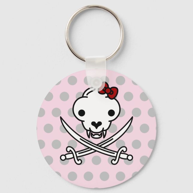 Funny Black White Jolly Kitty Pirate Skull Bones Key Ring (Front)