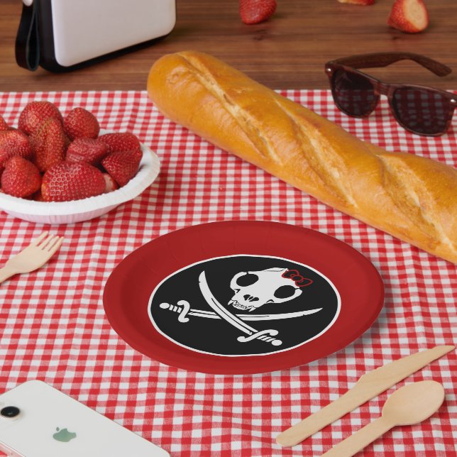 Funny Black White Jolly Kitty Pirate Skull Bones Paper Plate (Picnic)