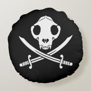 Funny Black White Jolly Kitty Pirate Skull Bones Round Cushion