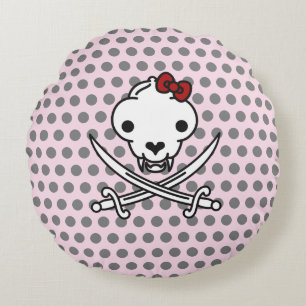 Funny Black White Jolly Kitty Pirate Skull Bones Round Cushion