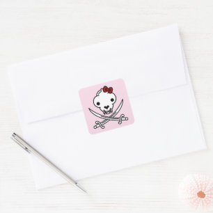 Funny Black White Jolly Kitty Pirate Skull Bones Square Sticker