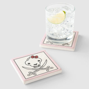 Funny Black White Jolly Kitty Pirate Skull Bones Stone Coaster