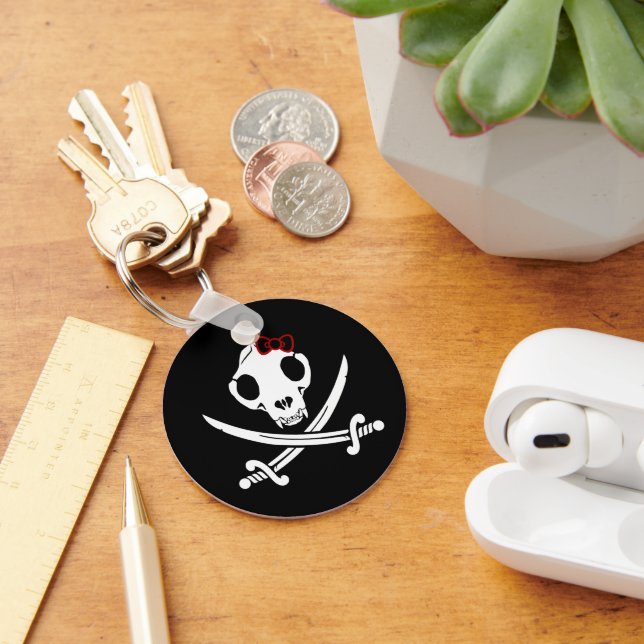 Funny Black White Jolly Kitty Pirate Skull Sabres Key Ring (Desk)