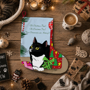 Funny Black White Tuxedo Cat Christmas Tree Large Christmas Stocking